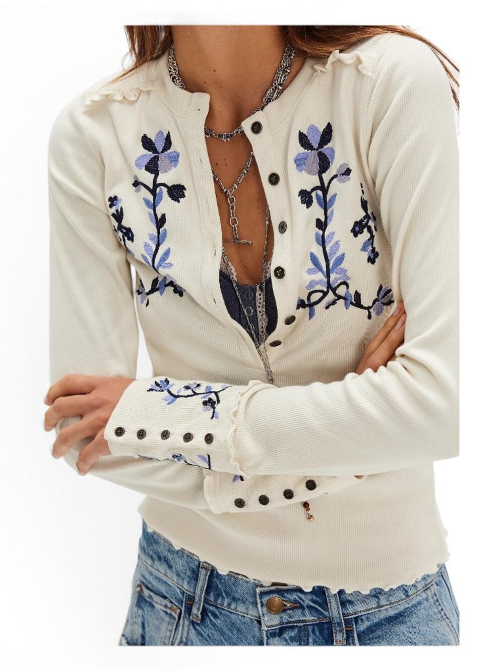 Free People Fleur Embroidered Cuff Henley XL